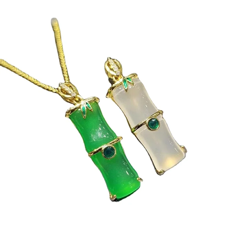 

Chalcedony Bamboo Inlaid Pendant Necklace White Green Bamboo Necklace Pendant Children'S Jewelry Accessories