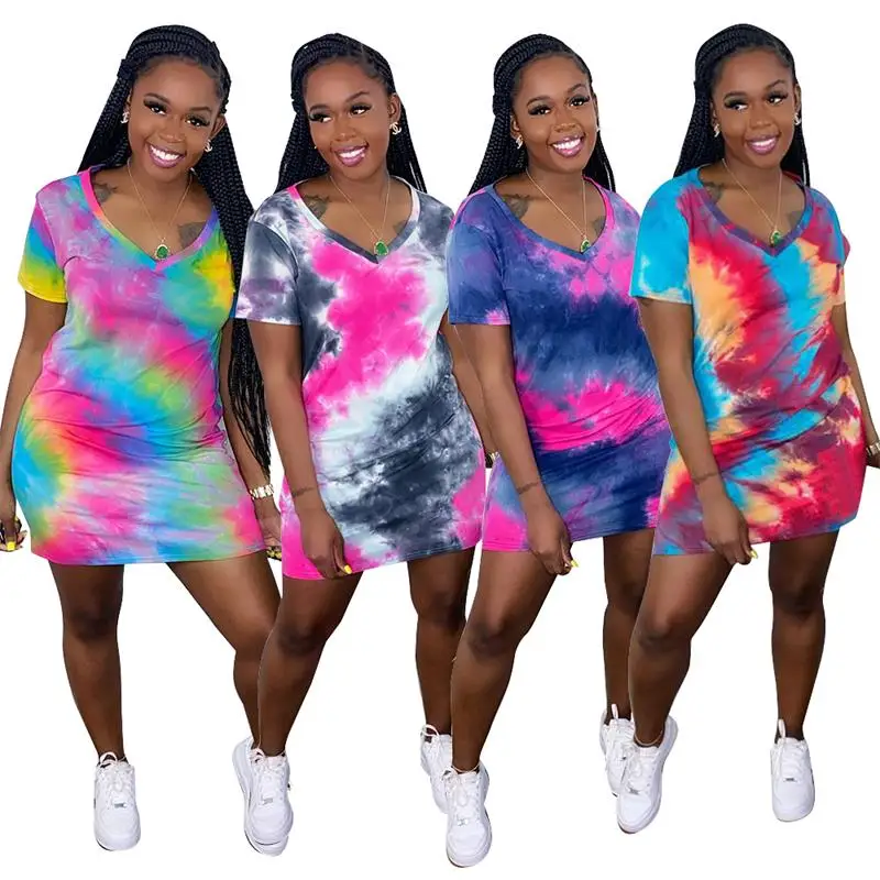 

summer 2021 women tie dye dresses pockest V neck women casual dress