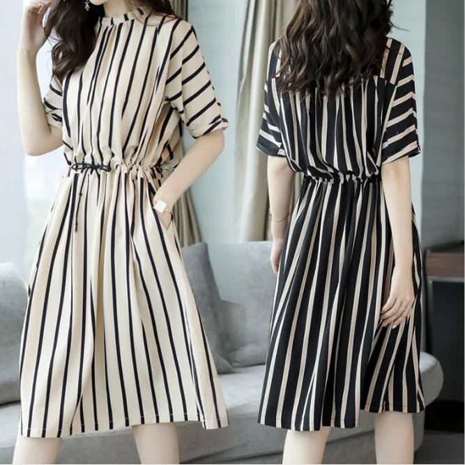 

Mid-length striped dress fashion casual waist skirt short sleeve women's dress