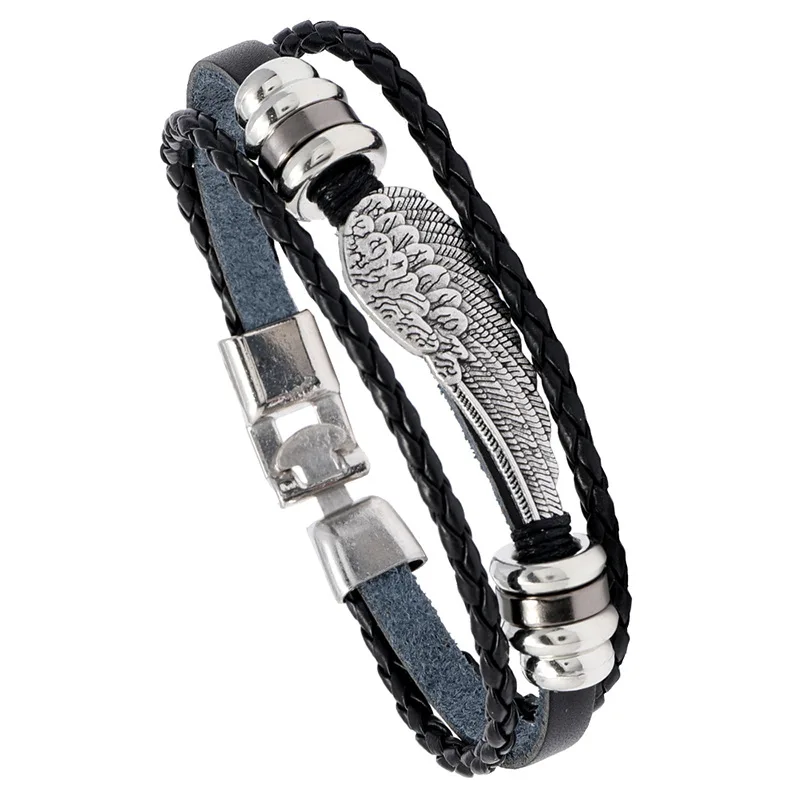 Punk Cross-border Ecommerce Supply Braided Leather Bracelet European and American Punk Angel Wings Feather Charm Bracelets Men's