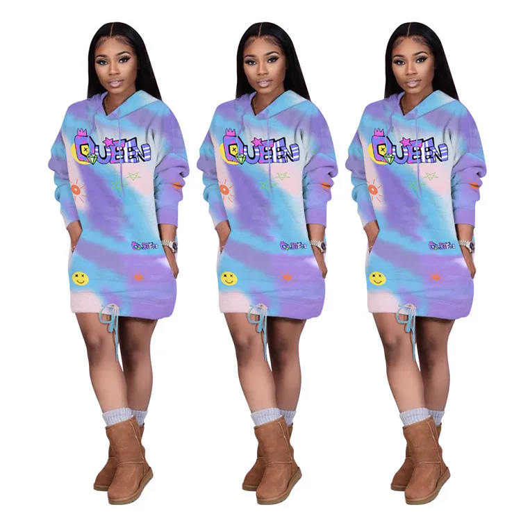

Daily Casual Ladies Clothing Long Sleeve Letter Print Hooded Homewear Spring Women Short Dress, Picture color