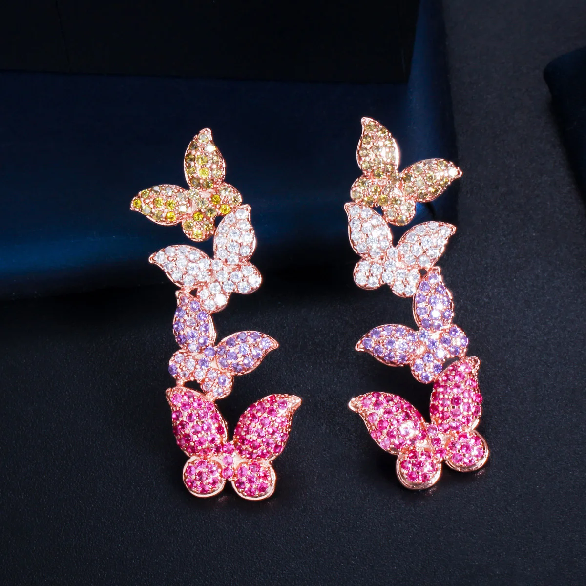 Beautiful Micro Paved Cubic Zirconia Dangle Purple Red Colorful Full Butterfly Long Drop Earrings for Women Dainty Jewelry