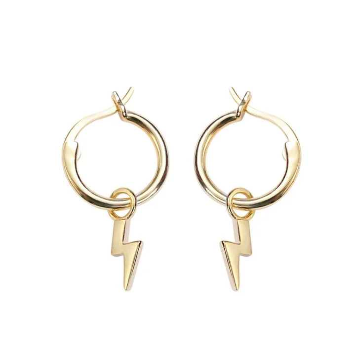 

Fashion 925 sterling silver gold plated minimalist tiny dainty charm lightning bolt hoop earrings, Gold/customized