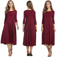 

2019 New Design Women 3/4 Sleeve Casual Swing Flared Casual Long Dress Loose Plain Maxi Dresses