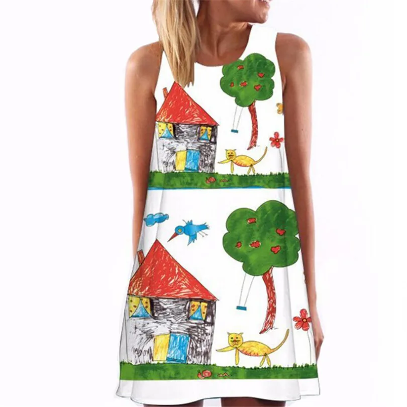 

Summer Sleeveless Casual Dress Brief Girls Fashion Women 3D Abstract Print Oil Painting Short Dresses, Balloon, trees, flowers, houses, butterfly