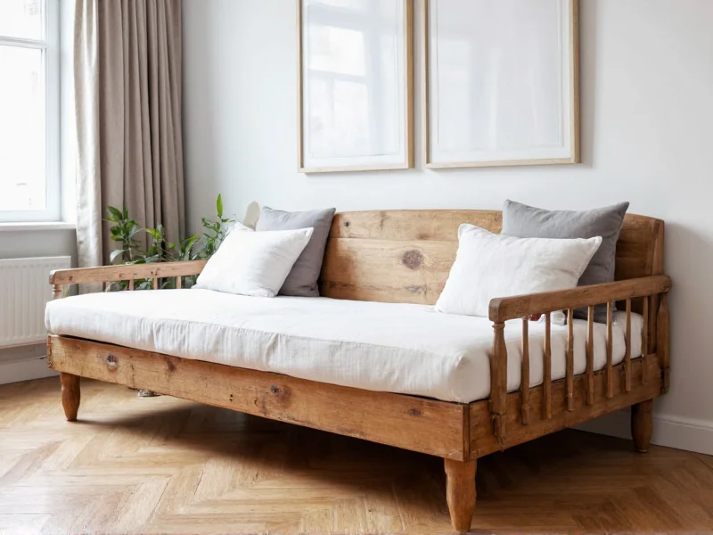 Reclaimed wood daybed frame with cushions in modern living room