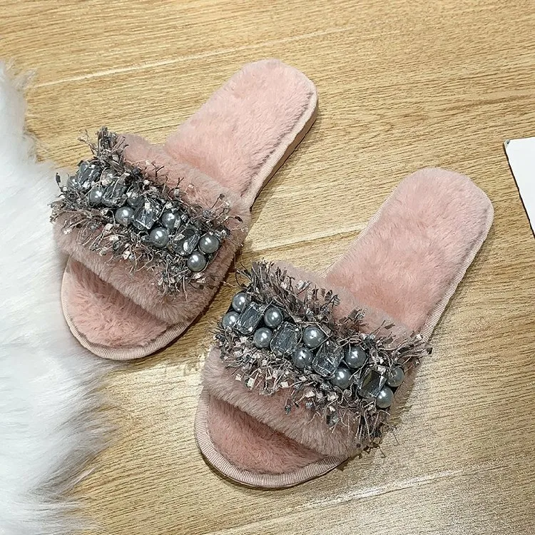 

Bairuilun 2021 Luxury Women Slippers Fur Female Indoor Casual Wholesale Soft Shoe, Black/white/brown/powder