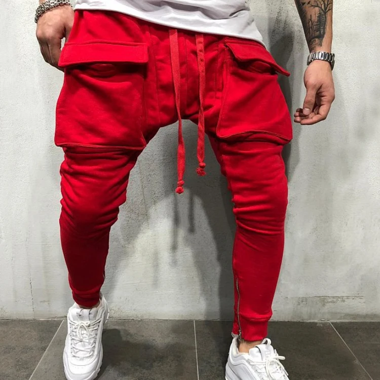 

2019 new Men Hot sale Solid color Big pocket jogging pants Tether Tight Muscular man Fitness Feet zipper trousers, Colors