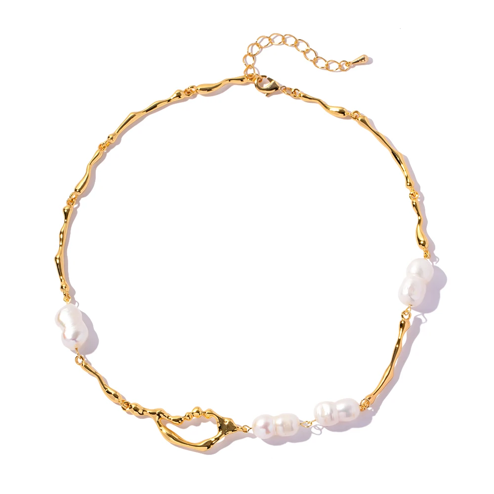

Trendy Irregular Bump Chain Necklace Gold Plated Brass Resin Freshwater Pearl Necklace for Women