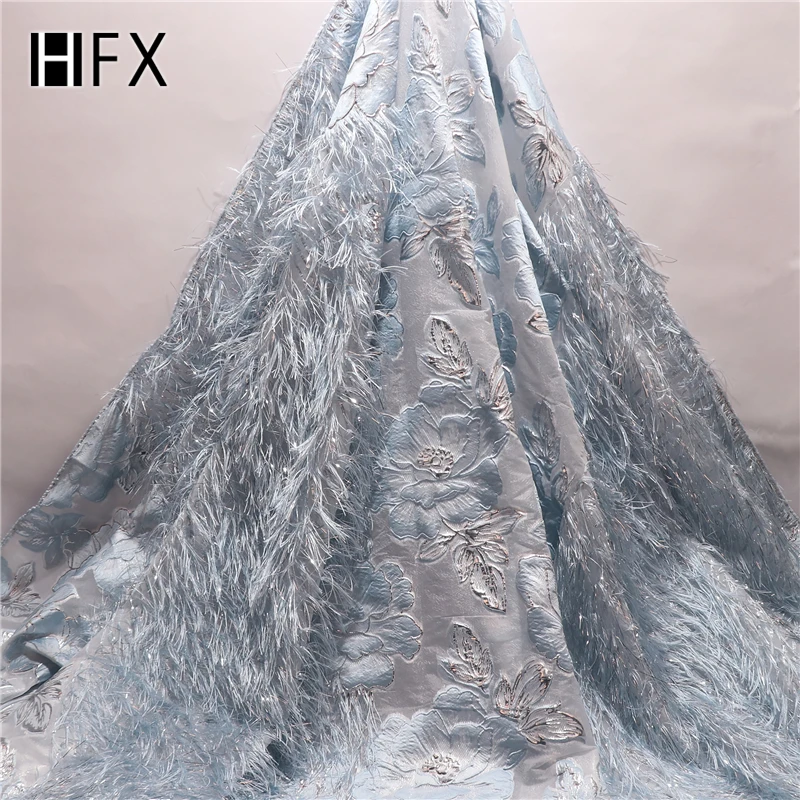 

HFX Newest Brocade Lace Light Blue Mix Silver African French Lace Fabric with Feathers