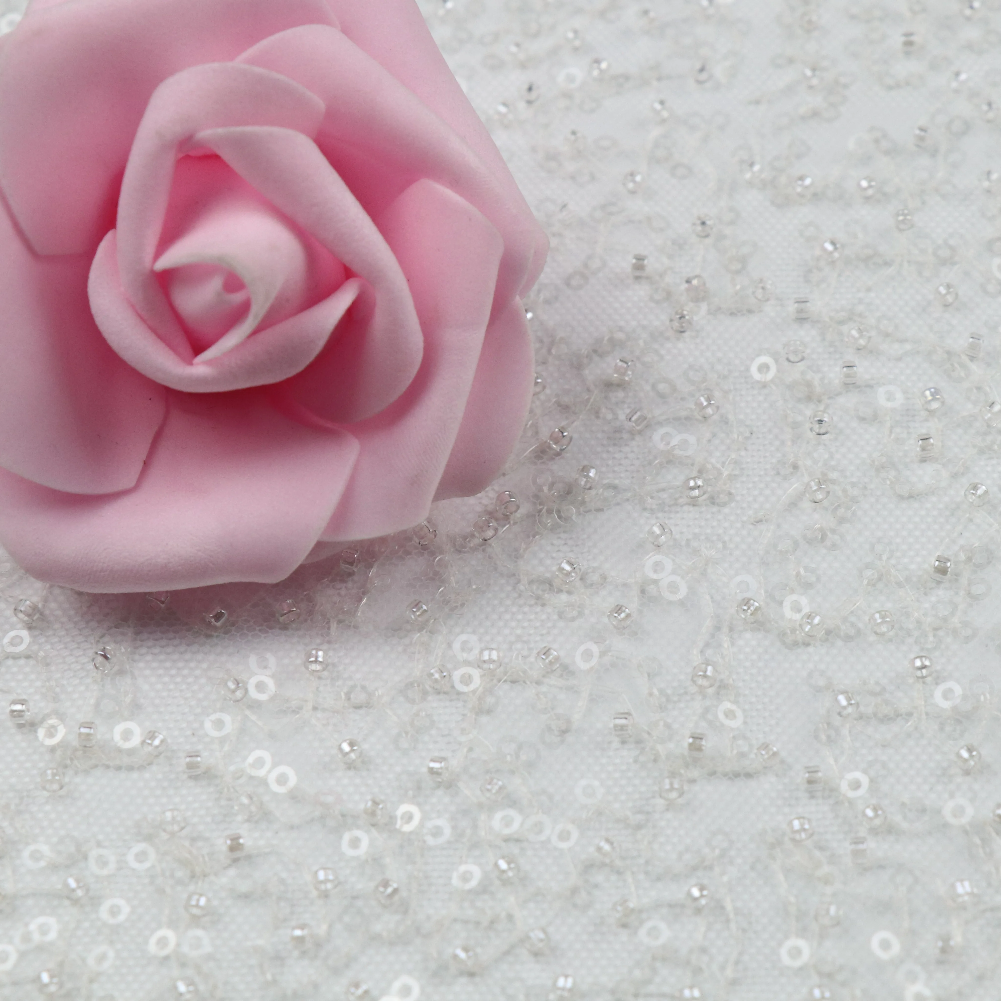 

White Bridal Wedding Dress Sparkling Beaded Lace Sequin Fabric, Customizable.