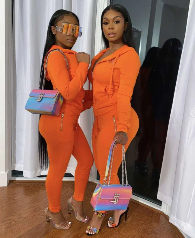 

Fashion women's autumn and winter long hooded zipper two piece set solid color leisure sports pants suit