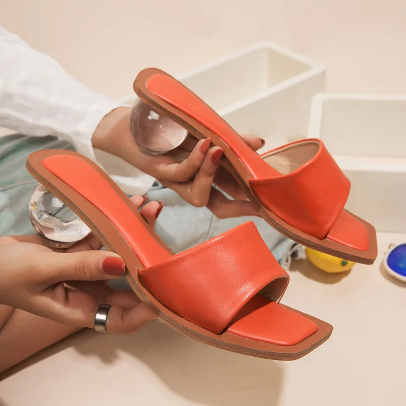 

New fashion design outdoor beach open toe Candy colors Square toe crystal ball heel slide shoes women's mid-heel sandals