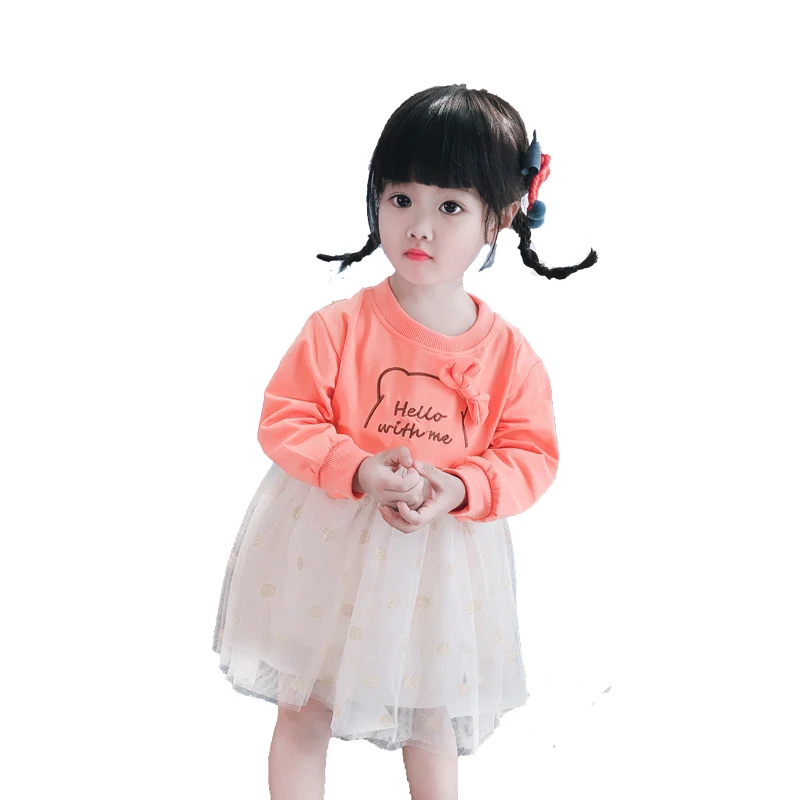 

High Quality Spring Little Kids Cute Girls Bow-knot Long Sleeve O-neck Mesh Fluffy Princess Dress