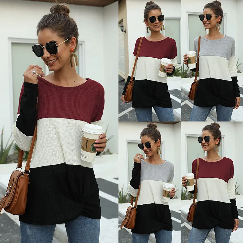 

Women's autumn and winter hot style round neck long-sleeved three-color stitching bat-sleeve twisted T-shirt, Picture showed