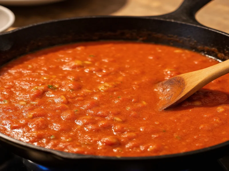 Homemade red enchilada sauce simmering in cast iron skillet