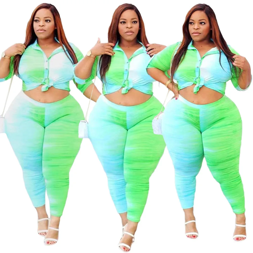 

2021 New Arrival Plus Size Two Piece Pants Set Women Clothing Track Jogging Suit Tie Dye Crop Tops 2 Piece Sets