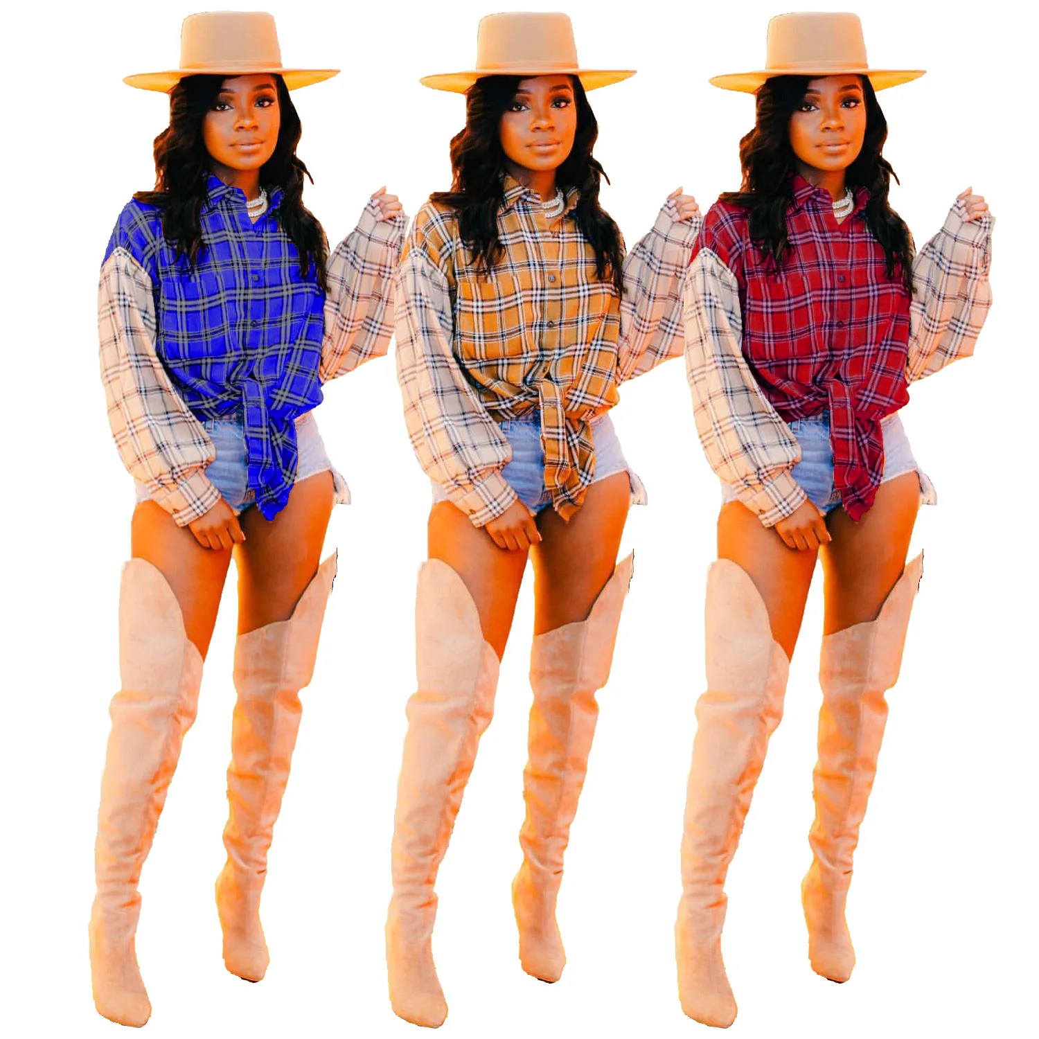 

Fashion Casual Stitching Contrast Color Plaid Shirts Top Fall Cardigan Lace Up Blouses Elegant Women, Picture color
