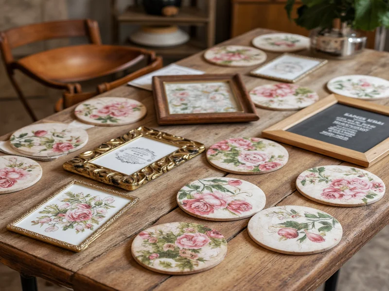 Assortment of decoupage coasters and frames on rustic table