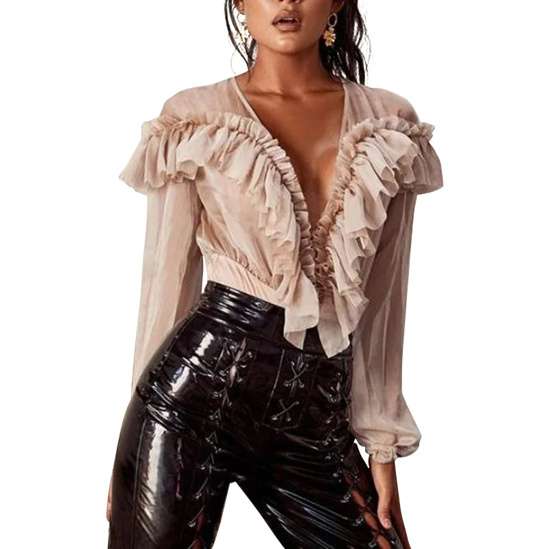 

2020 fashion design long sleeve deep v neck lace sexy women bodysuit jumpsuits and rompers Chiffon ruffled women bodysuit