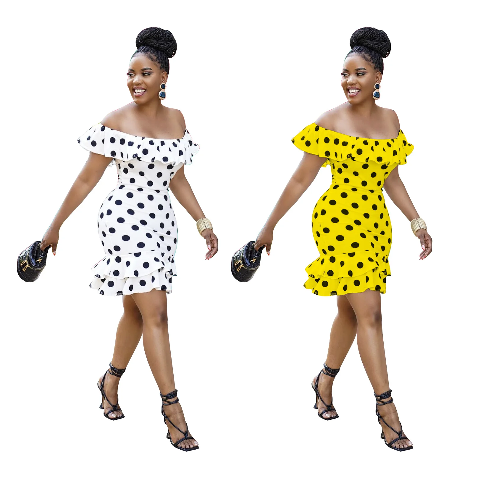 

Hot Sale 2021 Women Clothing Summer Casual Dresses Slash Neck Dot Print Ruffled Dress One Piece, Picture