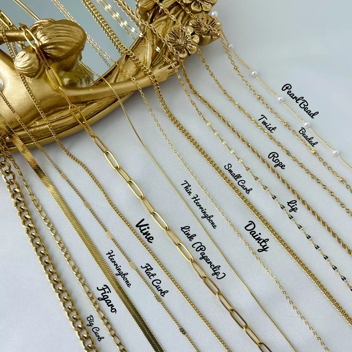 

Various Stainless Steel Necklace Chain Gold Plated Thick Thin Chain Rope Ball Twist Dainty Flat Curb Lip Paper Clip Figaro Chain