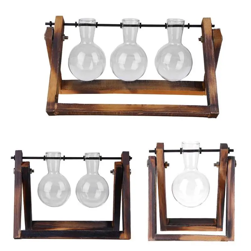 

Z 591Glass Flowers Vase with wood supports Hanging Flower Pot for Home Decor