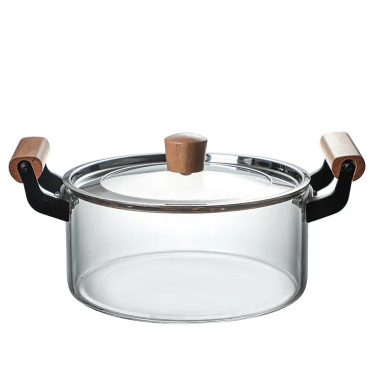 

borosilicate glass transparent flame-proof glass pot with lid wood handle