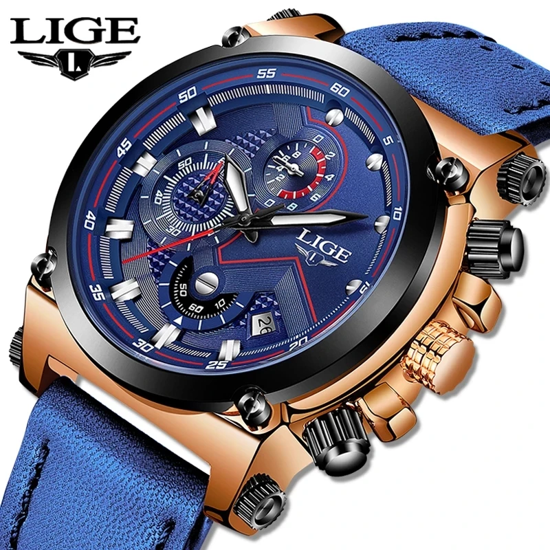 

LIGE Men Watch 9856 High Quality Genuine Leather Quartz Wristwatch Hot Sale Military Watch Mens Relogio Masculino Jam Tangan, 8-colors