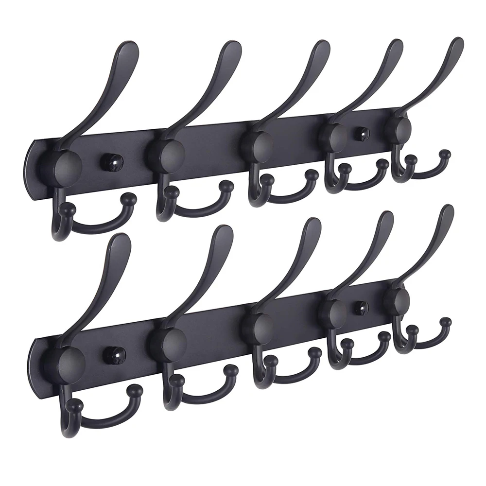 

Hot sale stainless steel black color set of 2 clothes hook 5 tri hook metal coat hook for living room bathroom bedroom entryway, Black, silver