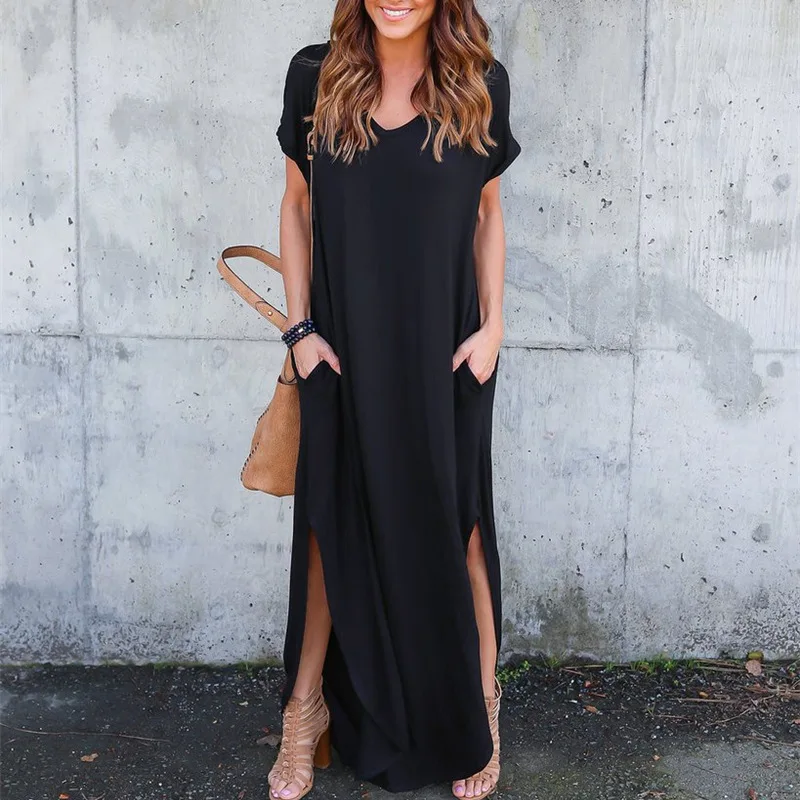 

Summer Solid Women Maxi Dress Loose Female Vestido Ladies Sexy V-Neck Beach Long Dress Casual Evening Party Comfortable Maix, Picture