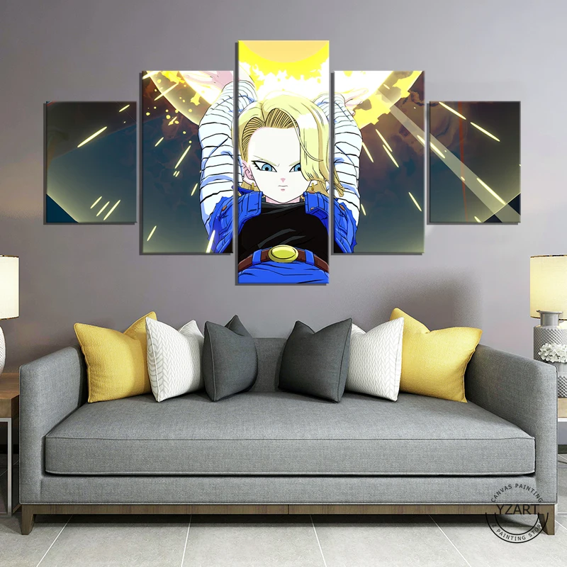 

5 Pieces HD Print Wall Stickers Wallpaper Living Room Decor Dragon Ball Anime Painting Android 18 Canvas Art Paints Home Decor, Multiple colours