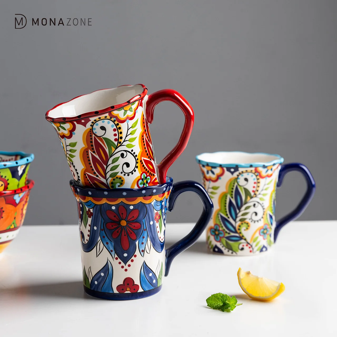 

MONAZONE Large Bohemian Mug Ceramic Mark Cup Breakfast Coffee Milk Tea Fruit Juice Couple Cup Drinkware Tool