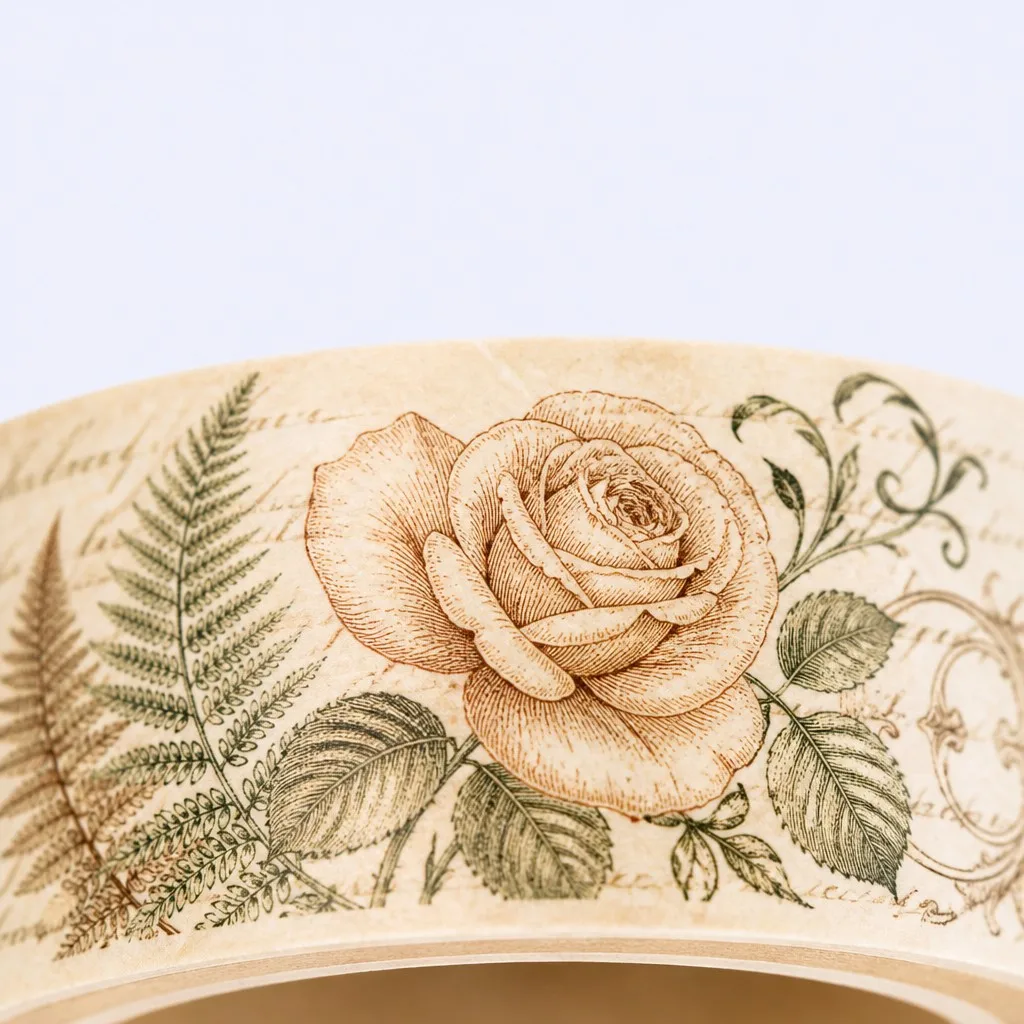 Vintage washi tape macro — rose engraving close-up