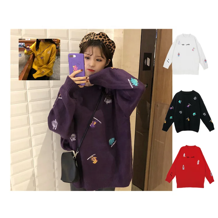 

Korea Animal Embroidery Winter Free Size Knitted Pullover Long Sleeve Crew Neck Women's Sweaters, In available