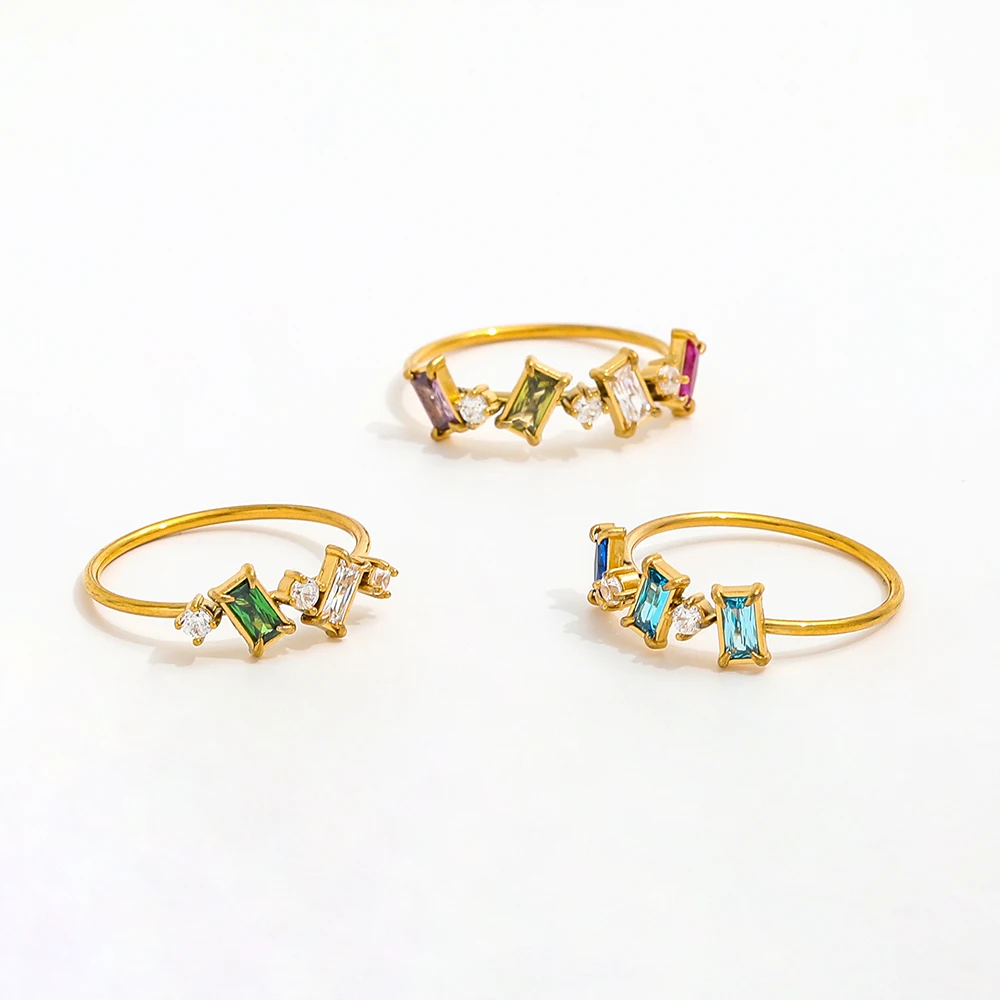 Joolim Women's Dainty Colorful Round Rectangle Zirconia Ring 18K Gold Plated Stainless Steel Jewelry Wholesale Non-Tarnish Rings