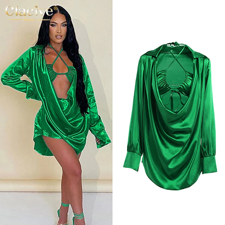 

Clacive New Arrival Halter Neck Satin Green Loose Blouse Drawstring Two Piece Set 2022 Casual Dresses, Green;brown