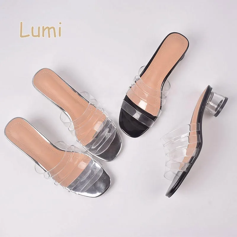 

Ladies pvc transparent strap upper with crystal low heel slipper sandals shoes, Black beige