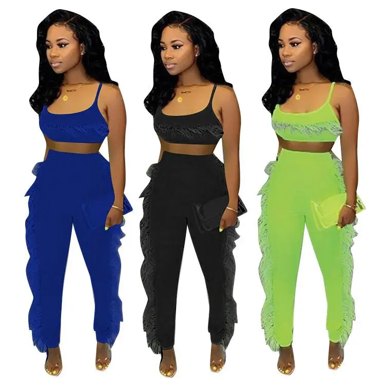 

Crop Tank Tops With trousers tassel accessories Summer 2019 female Causal Two PIece Sets Clubwear Clothes, Green black blue