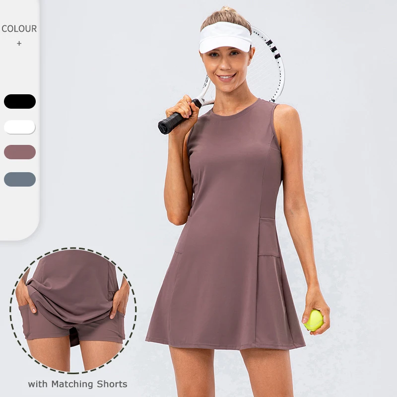 

New Nude Soft Feel 80 Nylon 20 Spandex Breathable Leisure Sports Yoga Fitness Women's Tennis Netball Golf Dress with Shorts, 4 colors
