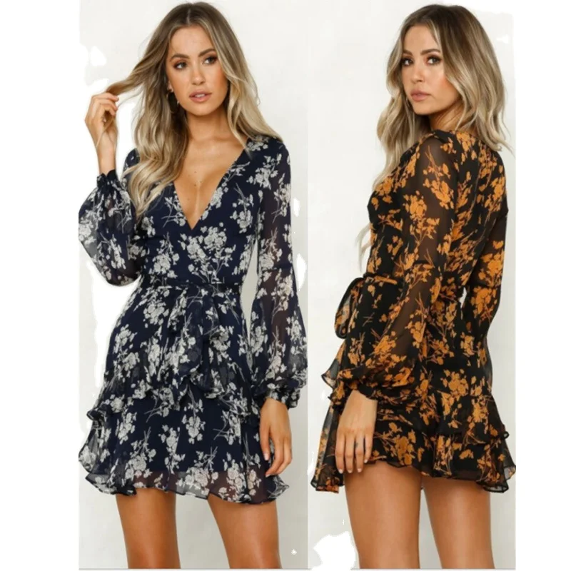 

Prered Casual Chiffon Ruched Retro Floral Dot Printed Short Sleeve Split Women Korean Dresses