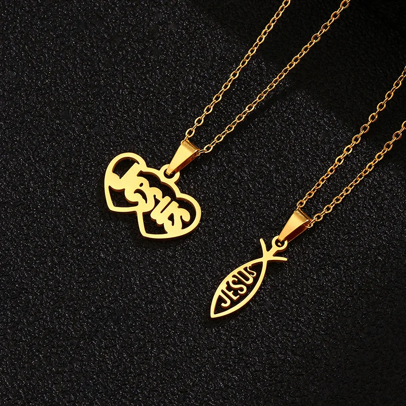 

Hot Sale 18k Gold Plating Double Heart Pendant Stainless Steel Necklaces Jesus Link Chain Necklaces For Women