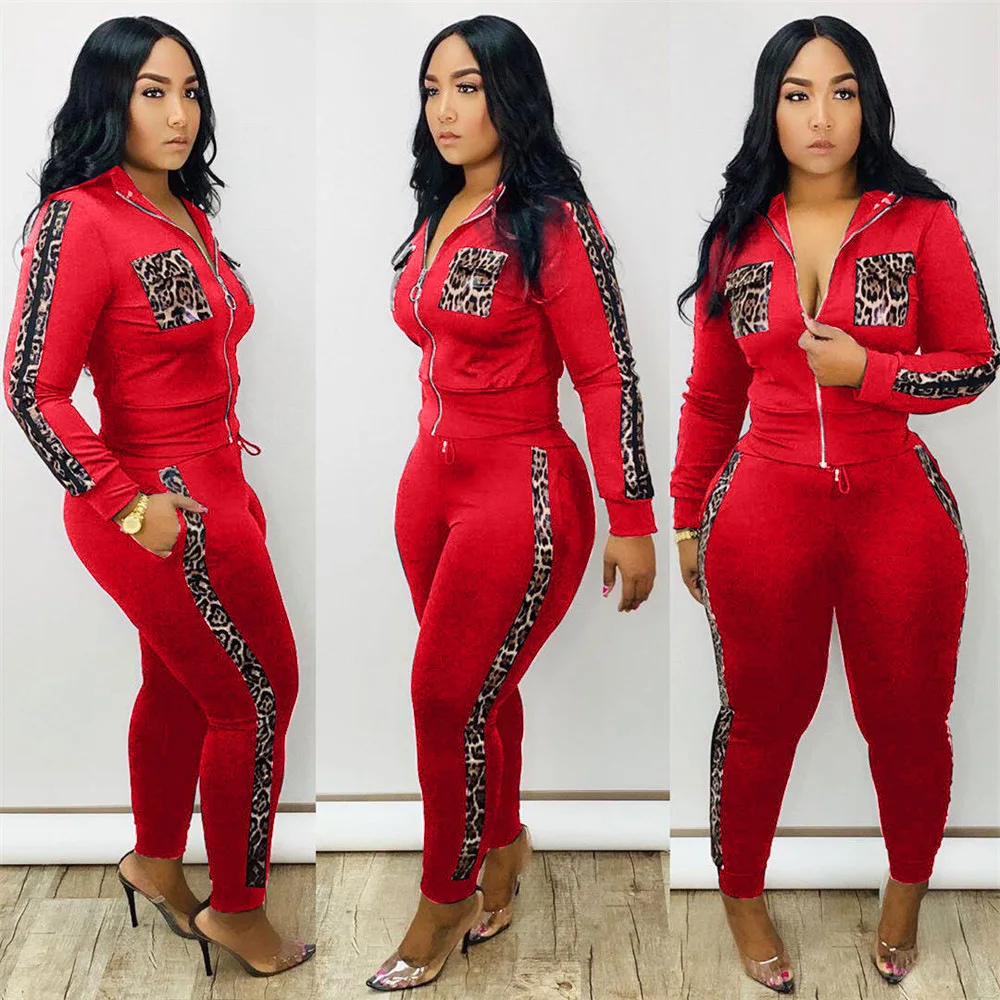 

New arrivals 2020 Fall Women Clothing sportswear Long Sleeve Top with Front Zipper Patchwork hoodies Leopard print two piece set, White, black, red, blue