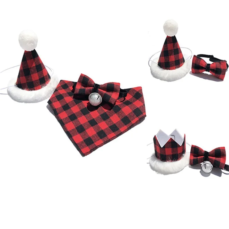 

Wholesale Costume Pet Supplies Christmas Plaid Bow Tie Bandanas Hat, Red