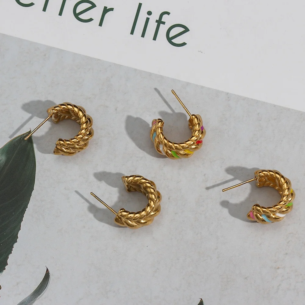 

Vintage Color C Shape 18K Gold Stainless Steel Enamel Braided Women Chunky Earrings