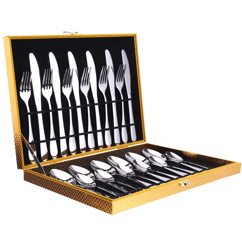 

Wholesale Hotel Restaurant 24pcs Cutlery Travel Set Stainless Steel Tableware Spoon Fork And Knives Sets With Wooden Case Set