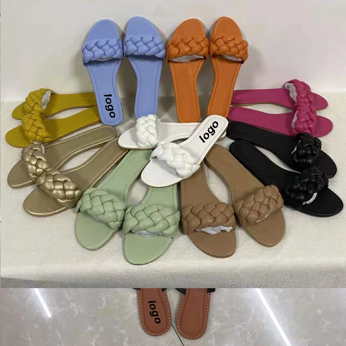 

FE-02 fashion 2021 girls beach flat sandals wholesale women's plain woven braid cross strap open toe Custom slide sandal, Picture show , squine colors