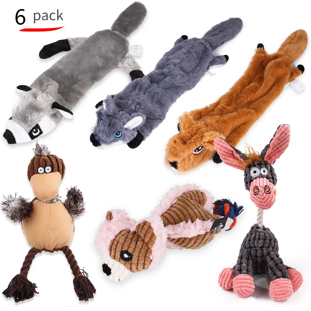 

Pet product donkey bird raccoon animal plush toy set of 6 squeak plush toys
