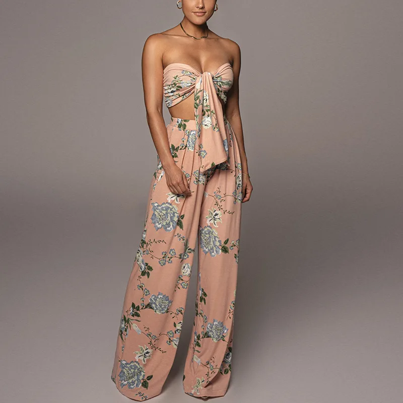 

FS3255D Summer Casual Two Piece Tube Tops and Wide Leg Pants Sets Floral Printed Women clothes Set