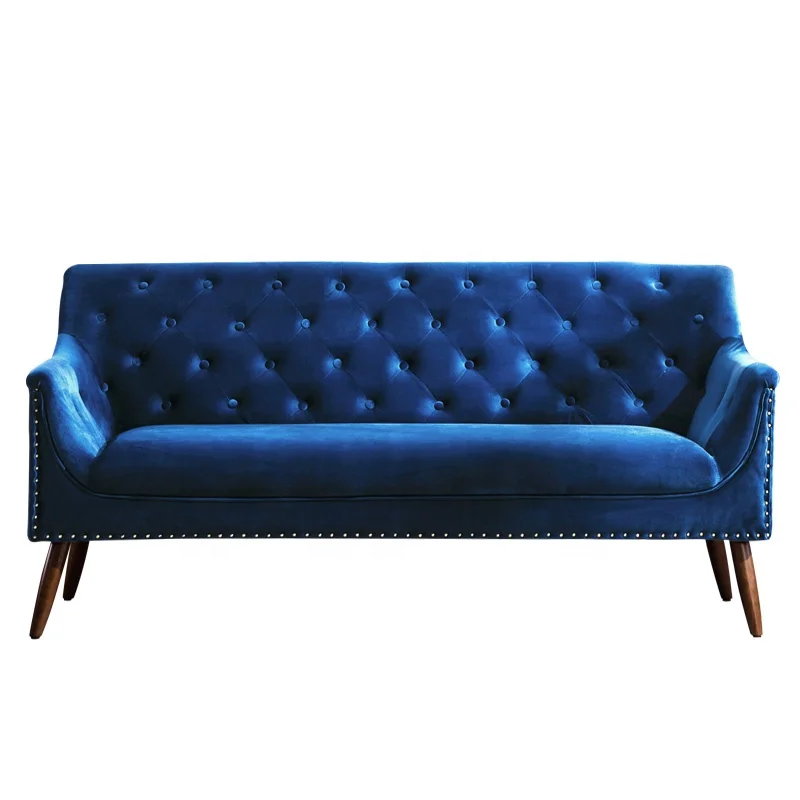 
Modern American Style Velvet Fabric Blue Color Nailhead Tufted Three seat Couch Sofa for Living Room 